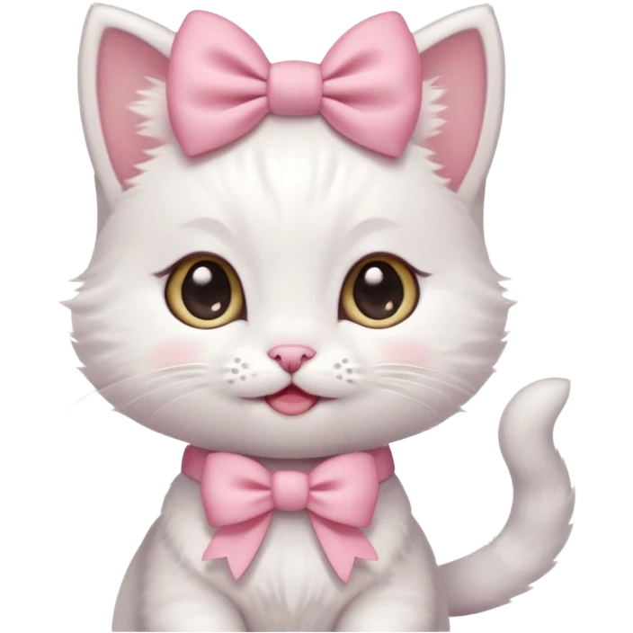 A tiny white kitten with innocent eyes, rosy pink cheeks, and an adorable smile, sporting a dainty pink bow on its head emoji