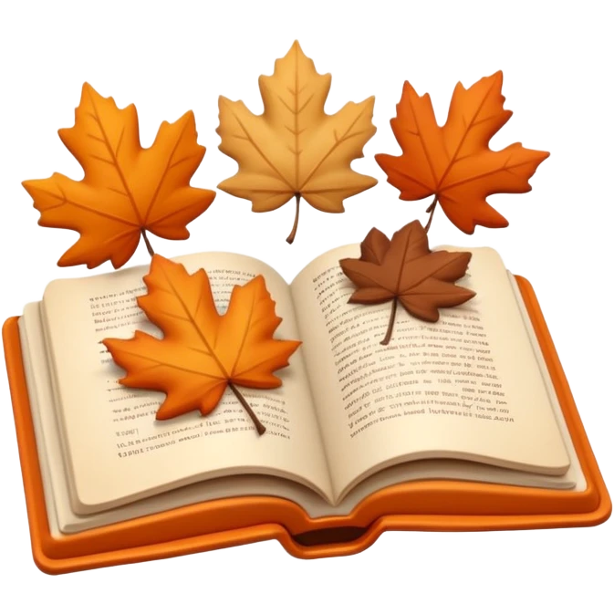 A cute 3D emoji of an open book with autumn leaves around it, cozy fall colors (orange, brown, beige), playful and modern style, glossy finish, minimalistic but expressive, symbolizing a Fall Reading Challenge. emoji