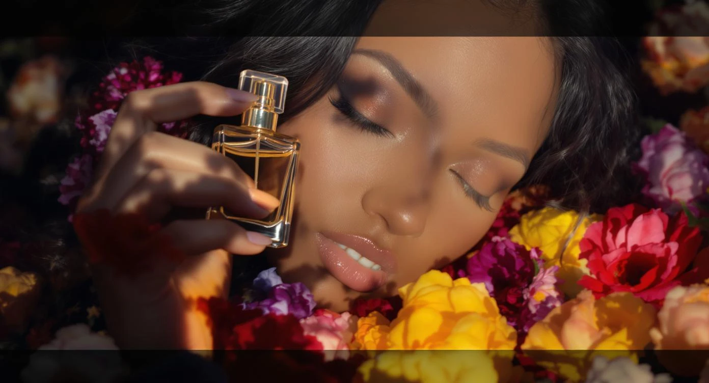 Motion blur Extreme Closeup photo of a beautifull woman holding perfume around beautifull colorfull flowers, cinematic light, 8K, very detailed, sharp, depth (foreground, midground, background) emoji