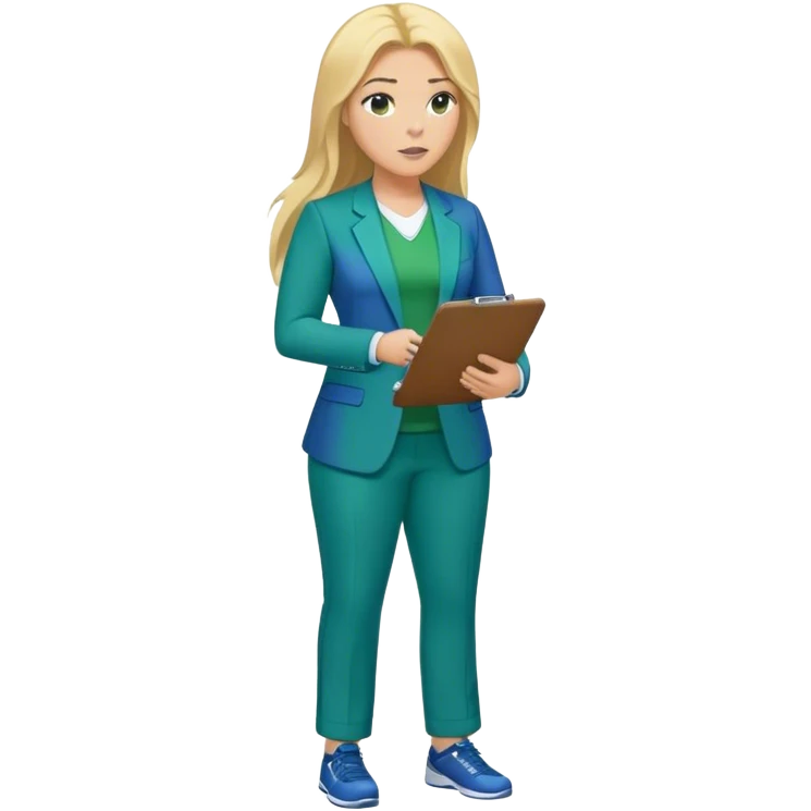 Full Body white plus size female basketball head coach using a clipboard with long blonde hair in a blue and green suit emoji