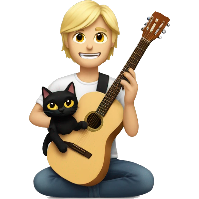 A blond man plays the guitar and has a black cat sitting on his shoulder emoji