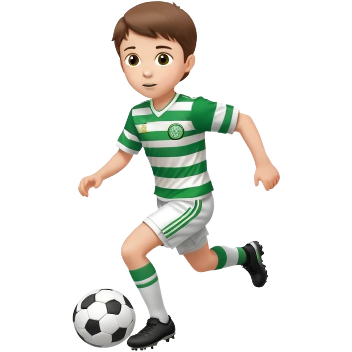 Celtic footballer jersey logo  6 years old brown hair white boy , brown eyes , stripes uniform , RUNNING  with soccer ball # 17 celtic football logo PUT ONLY ONE LOGO ONE CELTIC LOGO ONLY white shorts emoji