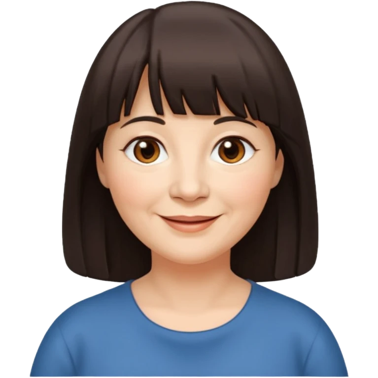 60 yr old woman, very small brown eyes, long hair, straight dark brown hair, bangs, chubby, long face emoji