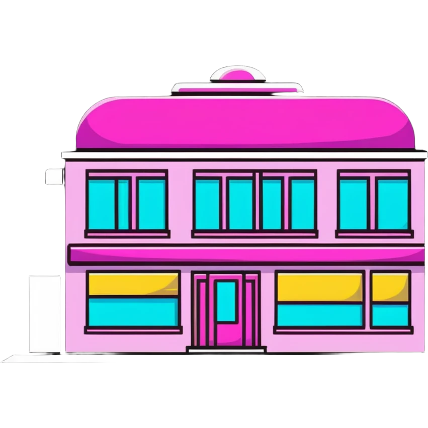 magnifying glass over a beauty salon building emoji