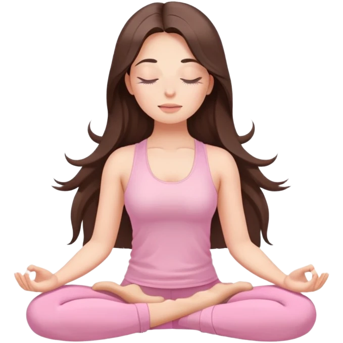 Brunette long hair Woman wearing pastel pink with eyes closed and long eyelashes doing yoga mediation  emoji