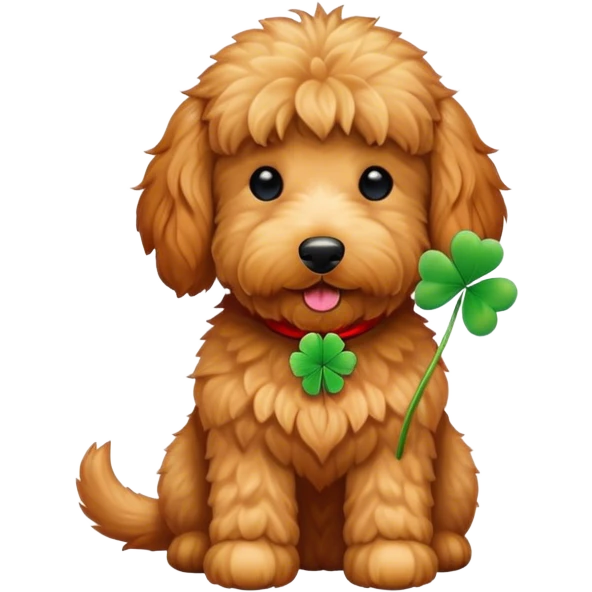 Red golden doodle with clover emoji