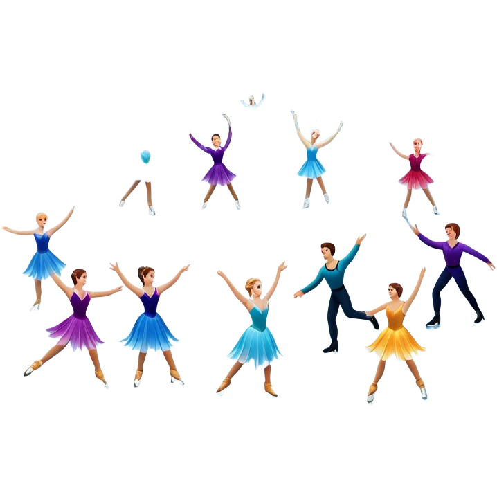 An icon of a theatrical ice show with close-up costumed figure skaters performing a dramatic scene on a glowing ice stage. Spotlights, colorful scenery, and a cheering audience in a grand arena convey the magic and artistry of the ice performance. Transparent background included. emoji