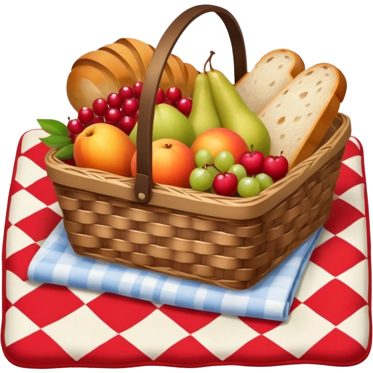picnic basket with fruit and bread on a checkered blanket emoji