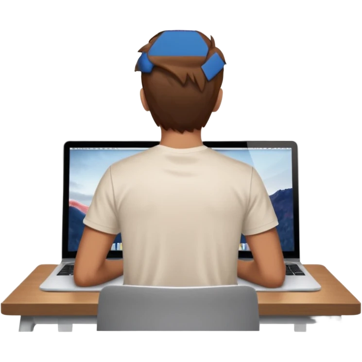 A man seen from behind, with detailed, well-lit hair. He is sitting in front of an open MacBook on a desk. On the MacBook screen, the Instagram logo is clearly visible and glowing.  emoji