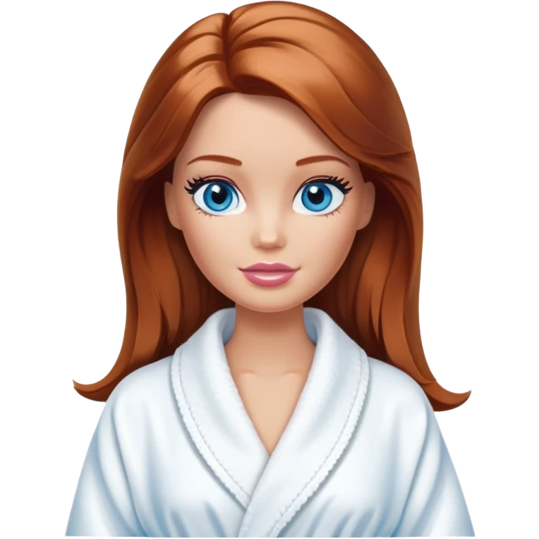 Barbie's face eyes blue with shoulder-length reddish-brown hair, makeup, cream smeared on her face , in a bathrobe with emoji