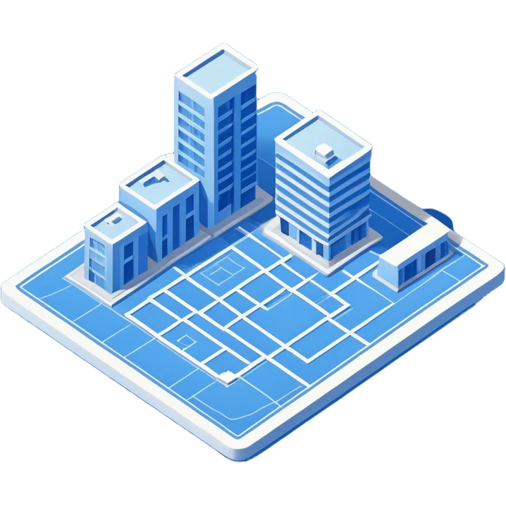 blue blueprint plan with white lines and shaded objects, isometric angle emoji