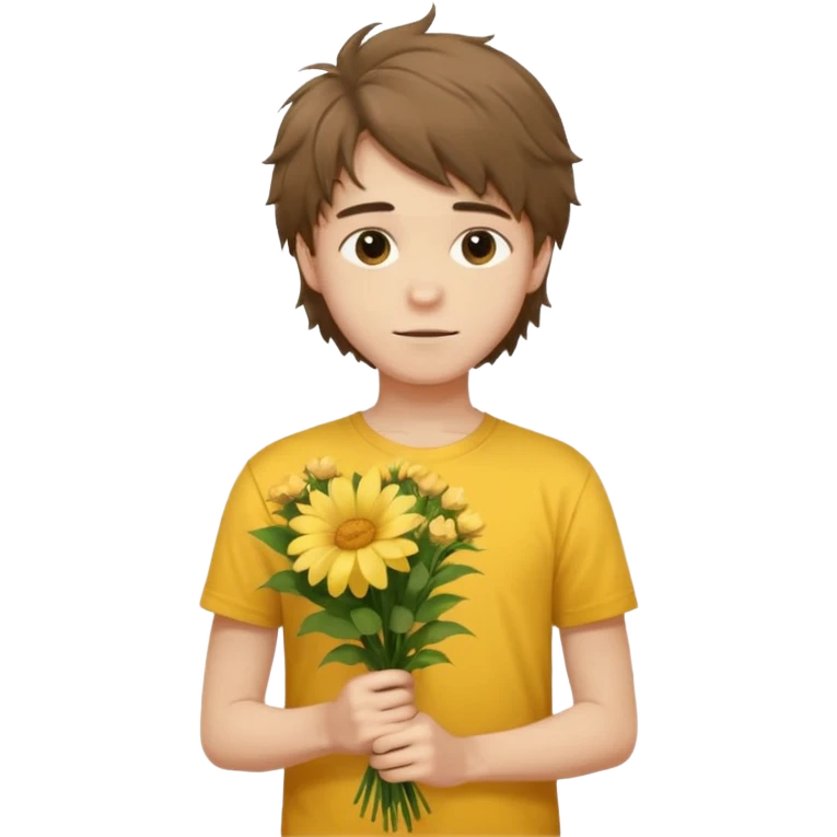 generate an ios genmoji of a 20 year old fair boy with brown long and messy hair with faint upper lip hair - visible (brown). should look like he cant grow a mustache., carrying a flower bouquet, wearing a yellow tshirt, looking shy emoji