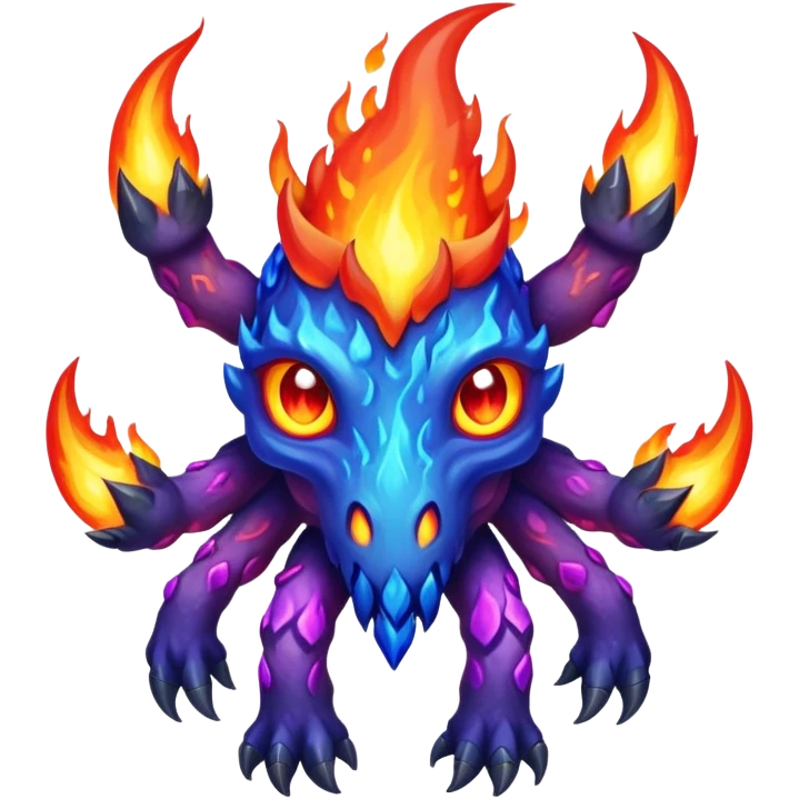 a mystical fast lava creature without arms with molten lava on its head and some rocky shoulders, fire crystals, blue flames, fire legs, no background, purple flames, mystical eyes, 8 arms emoji