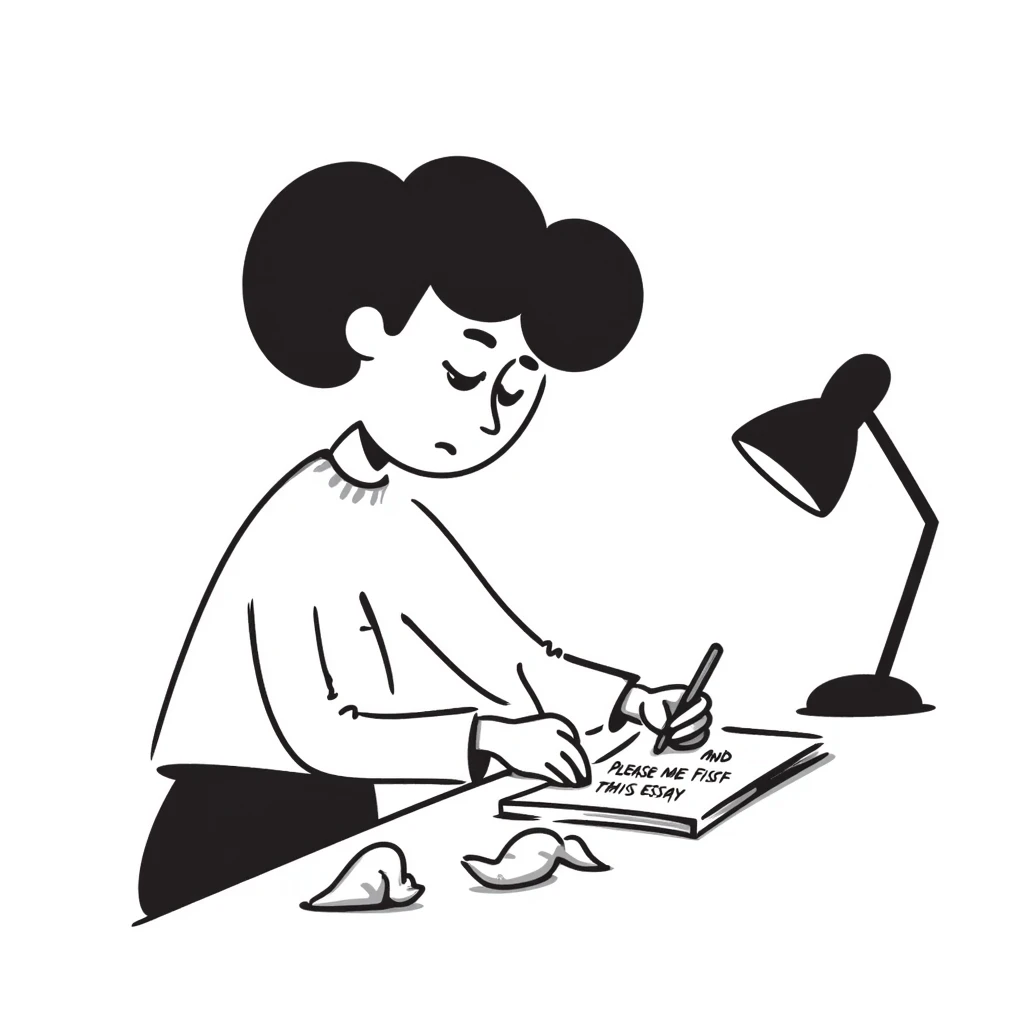 Stressed student writing an essay that begins with "Dear God, please help me finish this essay" in sketchy handwriting emoji