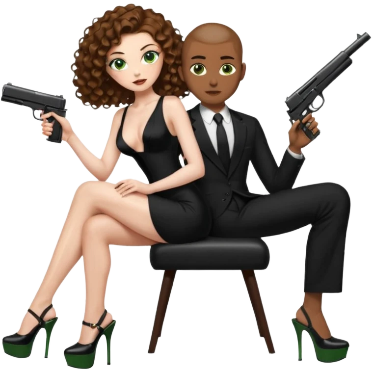 Sensual woman green eyes woman only brown long curly hair evil,with 7 inch platform stripper high heels long low cut black dress,and a gun, she is sitting on a buzz cut hair brown man's pimp lap, holdingwomans butt man is wearing a black suit emoji