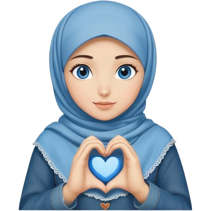 Turkish beautiful finish Konya girl blue eyes with denim hijab islamic dress and making heart with hands emoji