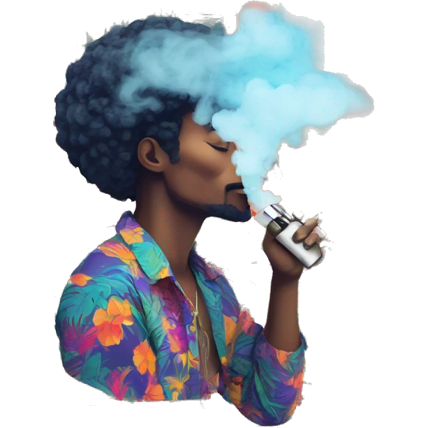 Person vaping wearing a colourful vibrant tropical patchwork of intricate vintage patterns, vape emoji