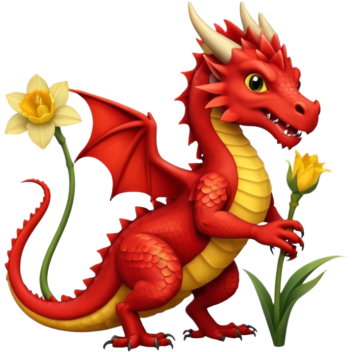 Red Welsh dragon holding a daffodil in it's hand emoji