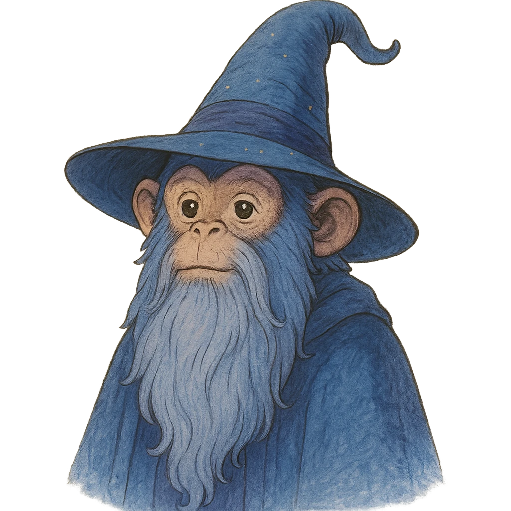 wizard monkey, ghibli style, classic wizard hat, long beard, fairy tale, blue and purple tones emoji