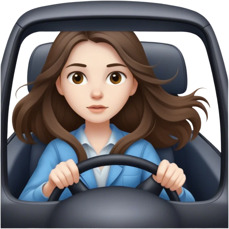 beautiful pale brunette girl with long hair driving car fast emoji