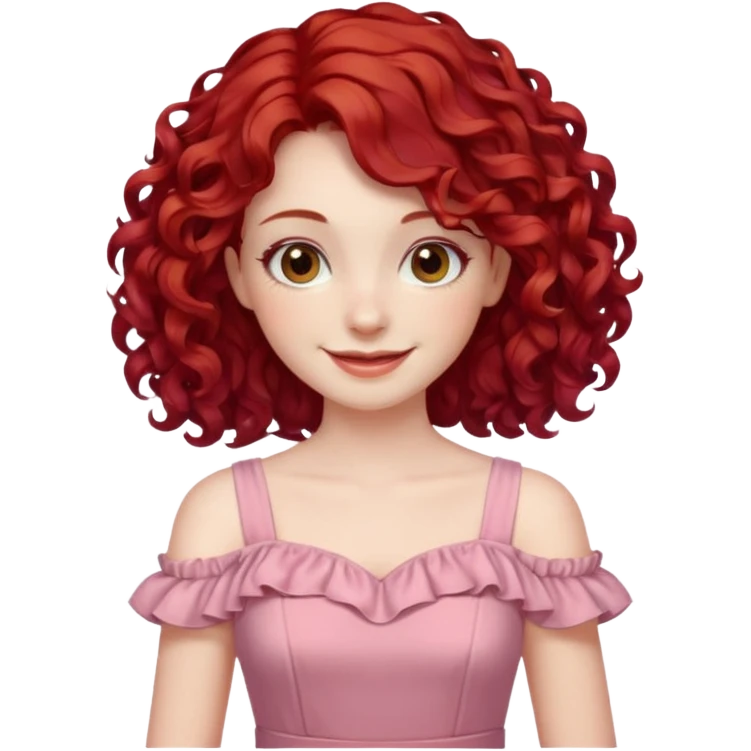 woman with shoulder length curly cherry red hair with brown eyes and pale skin smiling. pastel dress emoji