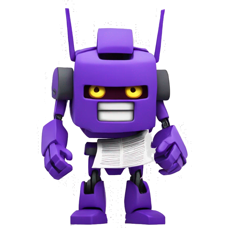 emoji that's a transformer, purple, holding a newspaper emoji