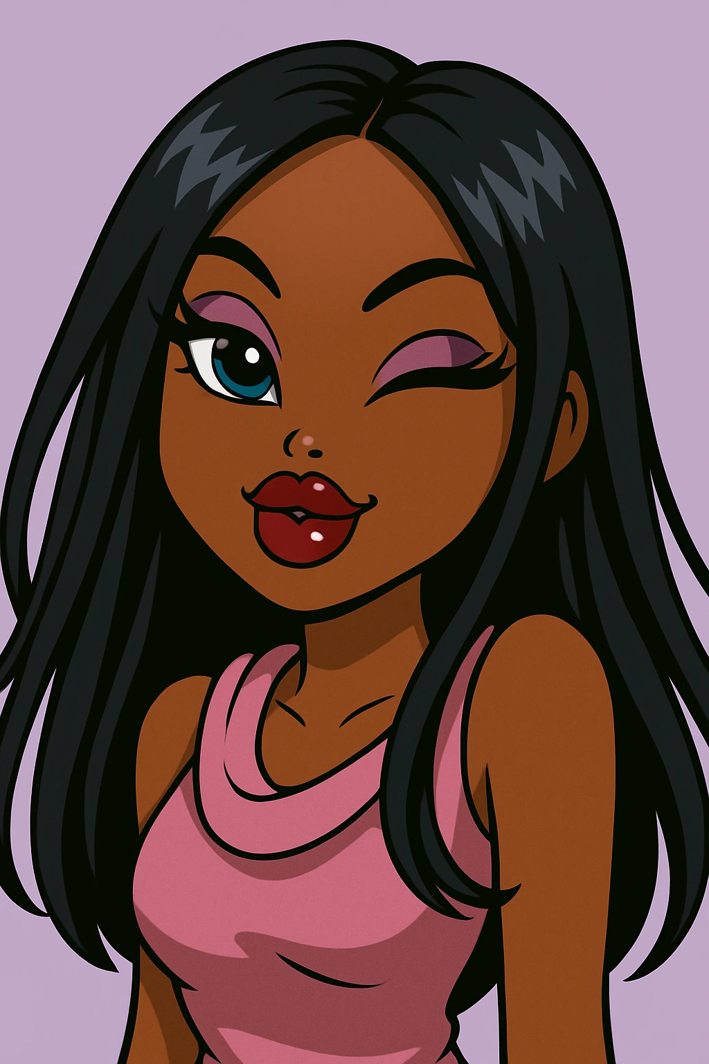 Remove the wink, keep both eyes open with a sassy attitude, headshot only, 20-year-old anime Bratz style woman with dark skin, straight hair, bold colorful fashion-forward look, big expressive eyes, glossy lips, no hat, no tears, confident and playful expression, in anime Bratz style. emoji