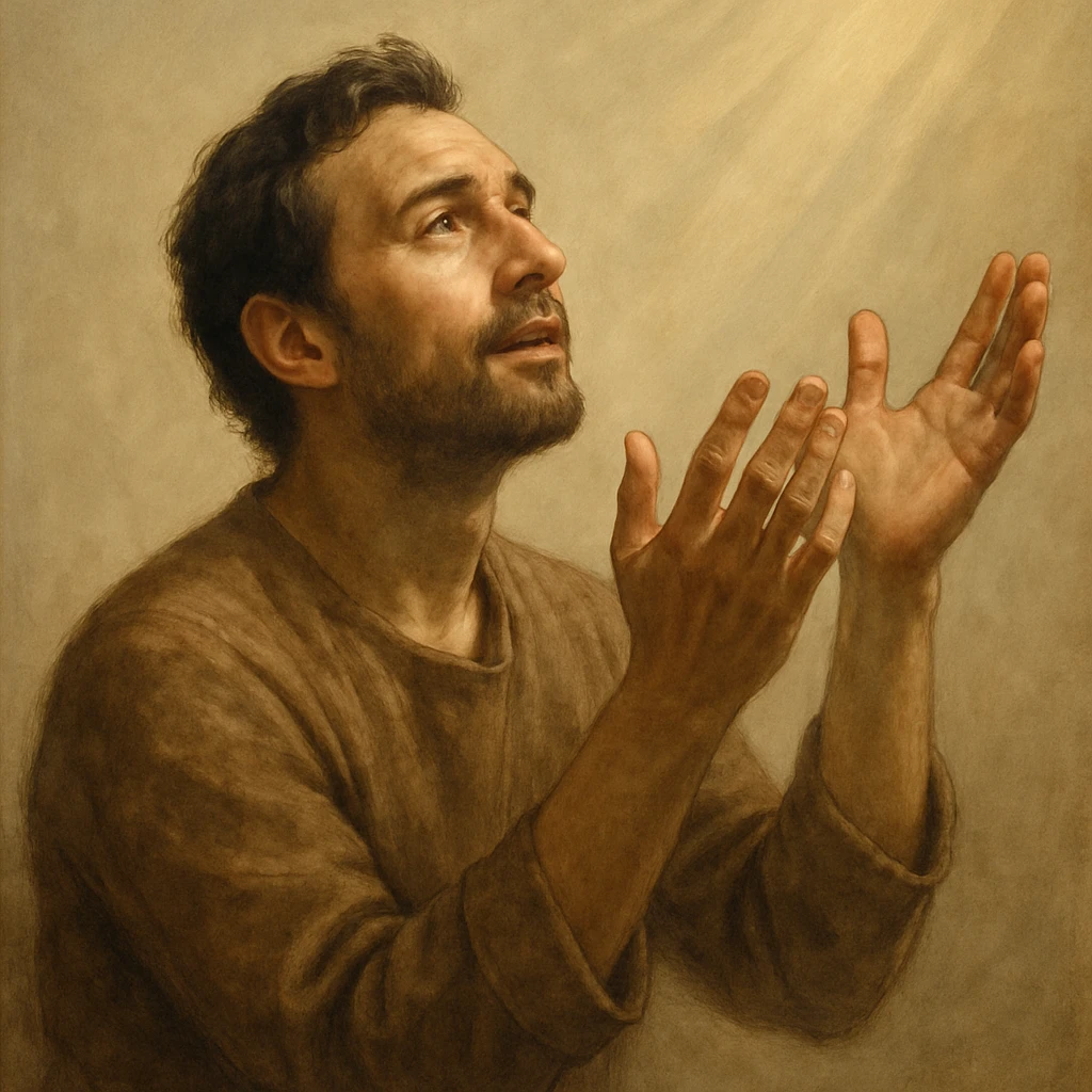 a man praying to God, hands raised, hopeful expression, subtle rays of light, minimal background emoji