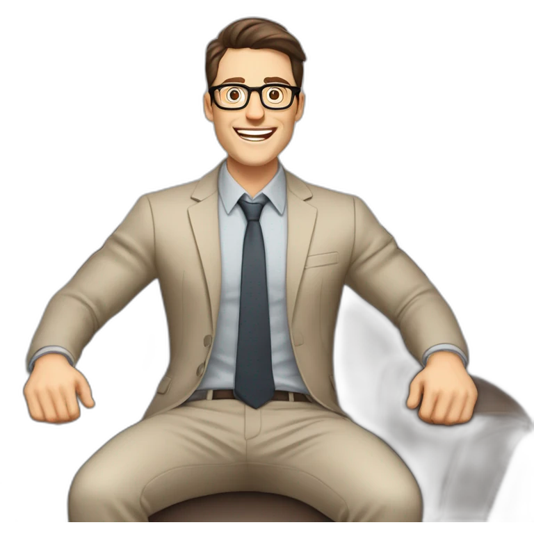 Joyful Celebrating victory Hands up Pale skinned Fit Man With dark brown hair in gray jacket, beige office shirt, Brown pants and vintage glasses sitting In a soft chair emoji