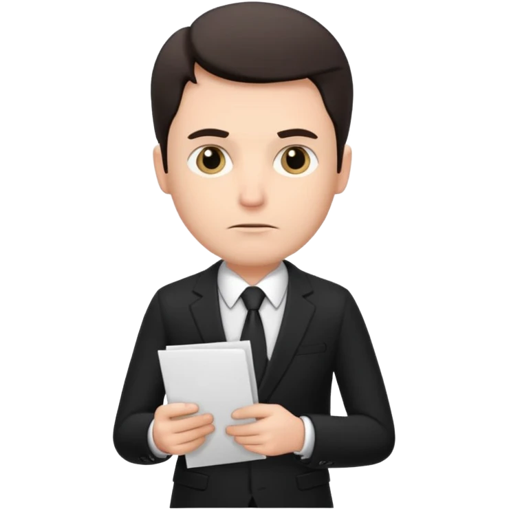 A white man in a black suit stands with a serious face and points at his hand holding papers. emoji