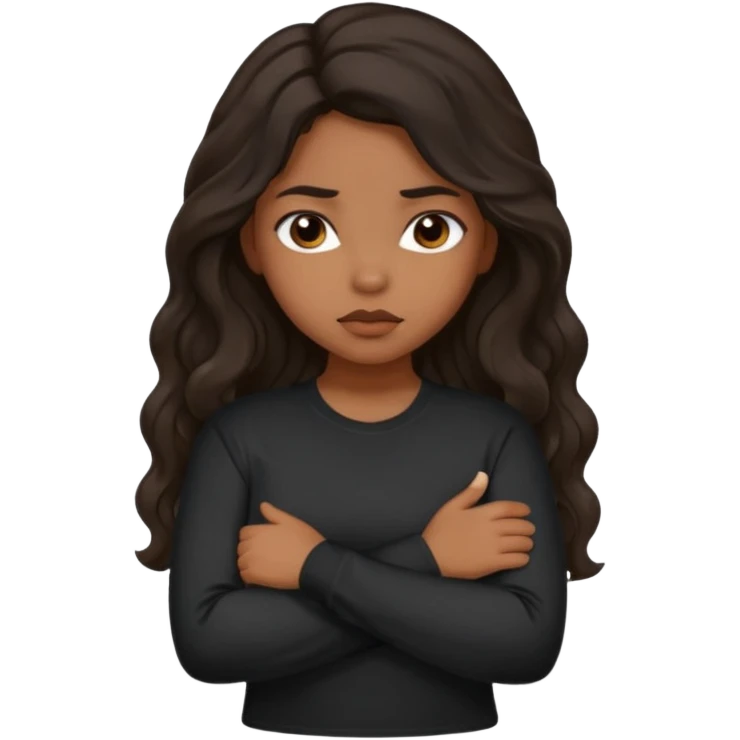 Hispanic girl with dark long wavy hair crossing her arms while pouting and wearing a black long sleeve shirt emoji