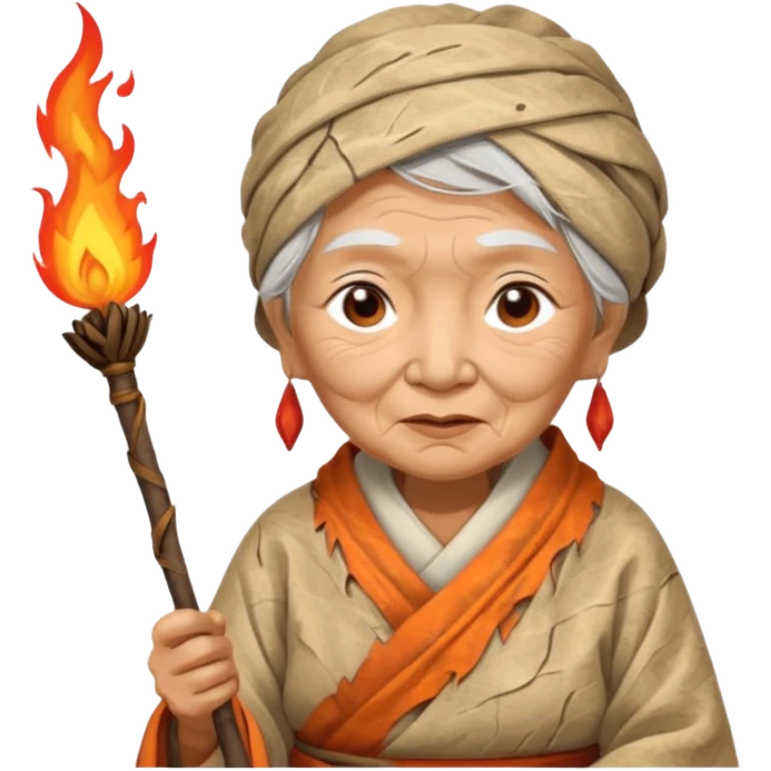 ancient asian old woman, tattered leaf cloth, hold fire stick emoji