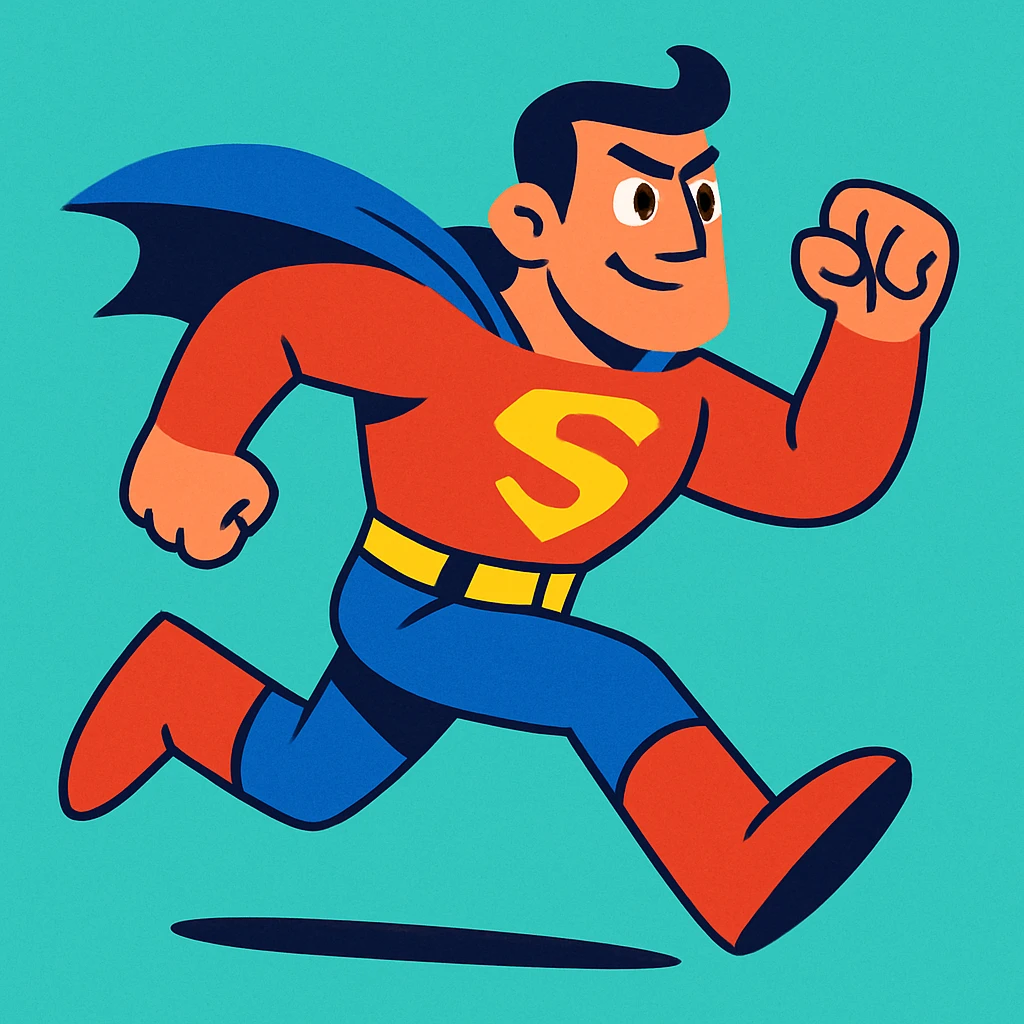 man in a superhero costume running, dynamic pose, vibrant colors, energetic cartoon style emoji