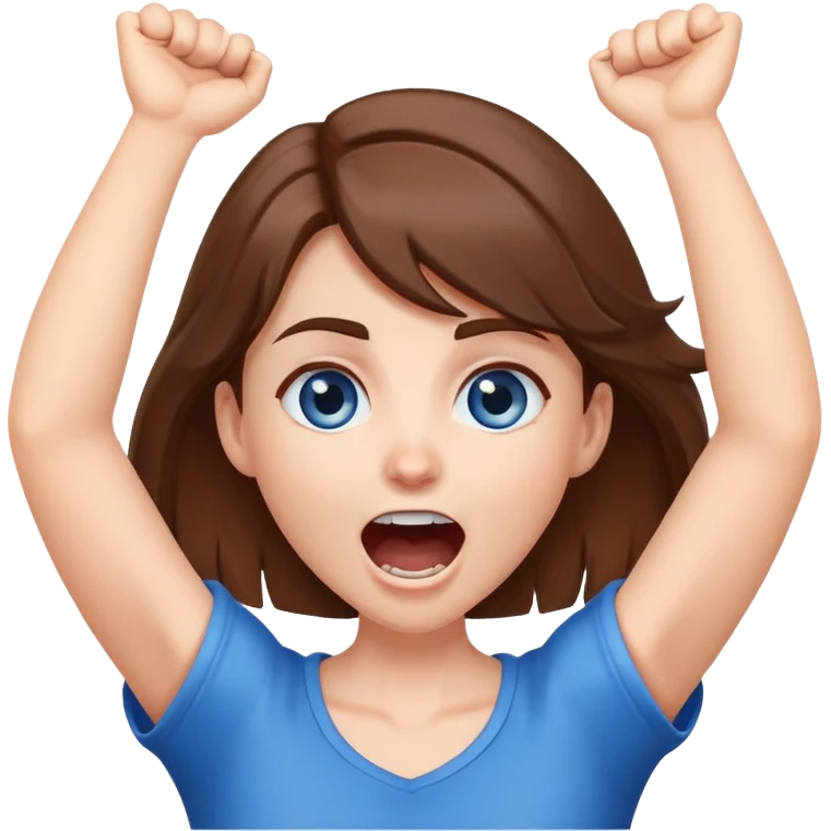 A white skin, brown hair, blue eye girl with arms over neck and yelling  emoji
