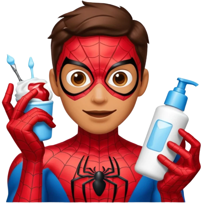 Spiderman doing his skin care routine, applying cream, playful and lighthearted emoji