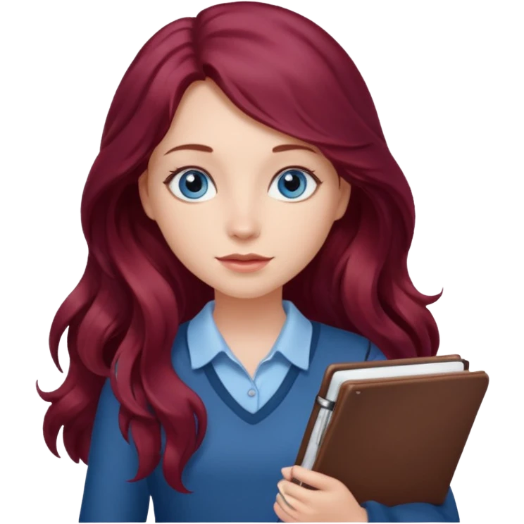 girl with long wavy burgundy hair, blue eyes and a notebook emoji