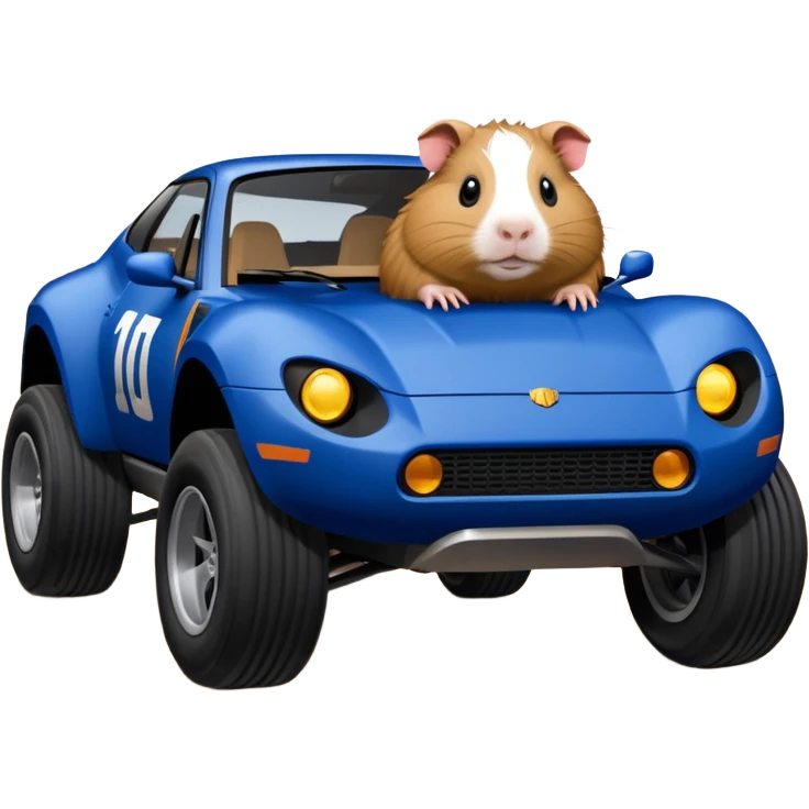 Dirty Joke’s Midnight-blue Local Motors Rally Fighter off road race car being driven by a five foot tall Guinea pig  emoji
