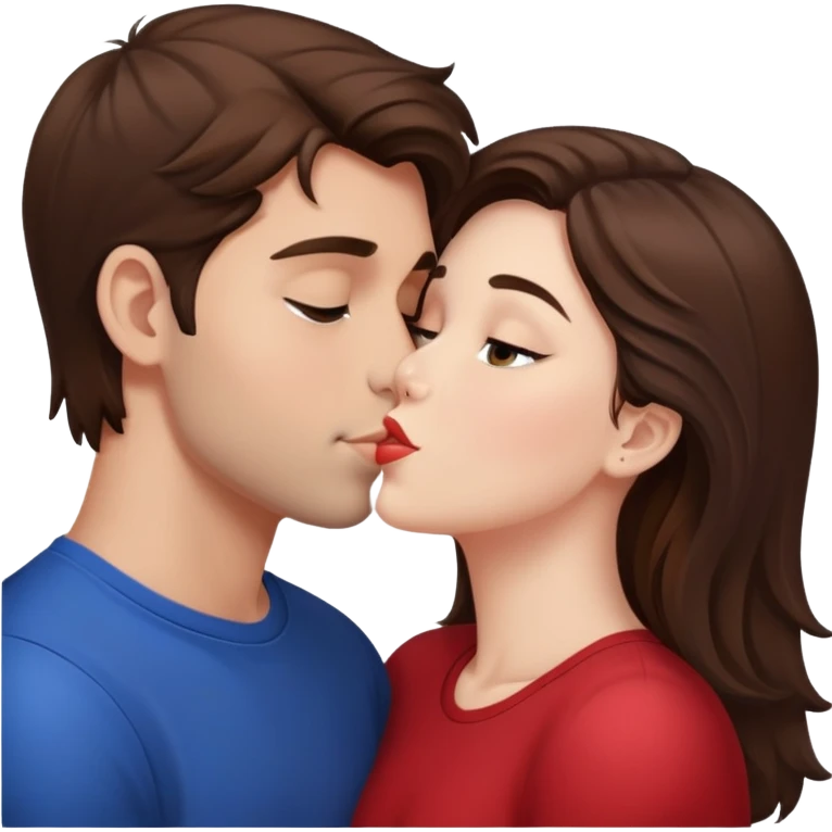 A brunette girl kisses a guy with brown hair. emoji