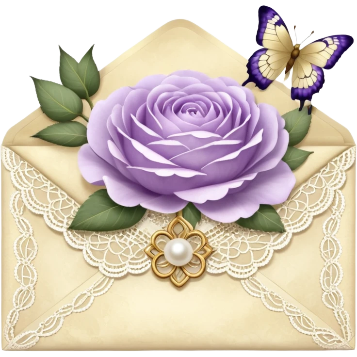A delicate still life of an aged love letter sealed with golden wax, placed on a vintage lace doily, accompanied by a bouquet of pale purle roses and white peonies, with a shimmering pearl butterfly resting on the envelope. emoji