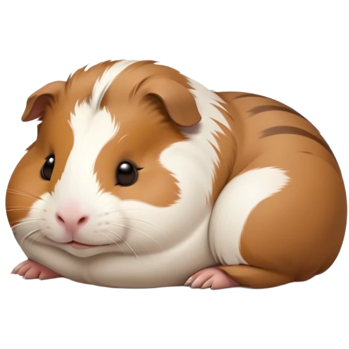 Meme-Worthy Cute Sleeping Brown and White Banded Guinea Pig Portrait Emoji, Head resting peacefully with a contented smile, showcasing a delightfully chubby build and a luxuriously soft banded fur of brown and white, eyes shut in a serene, cozy nap, Simplified yet hilariously adorable features, highly detailed, glowing with a soft, drowsy light, high shine, relaxed and utterly lovable, stylized with an air of playful laziness, bright and heartwarming, soft glowing outline, capturing the essence of a comically sleepy guinea pig, so meme-worthy it feels like it could instantly become the next viral sensation of adorable slumber! emoji