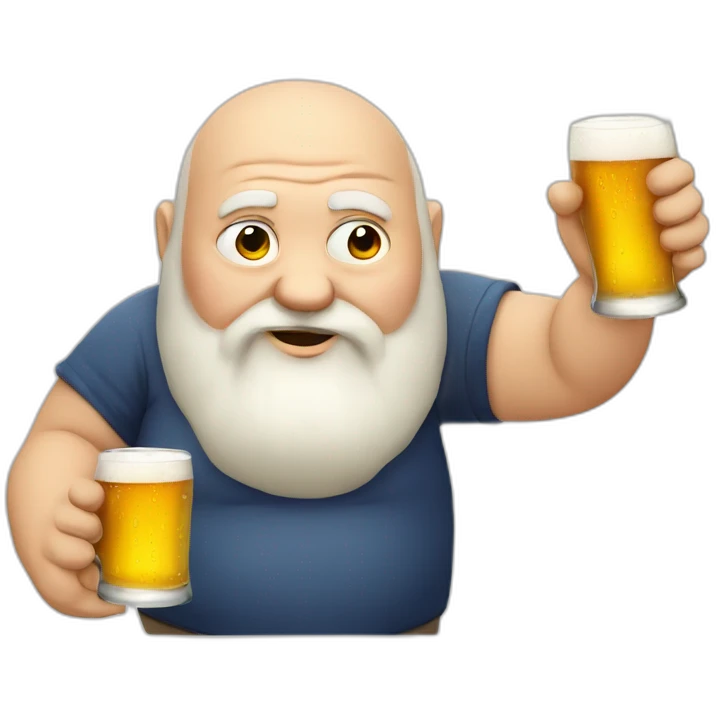 fat old man with beard and without hair, using glass, drinking beer emoji