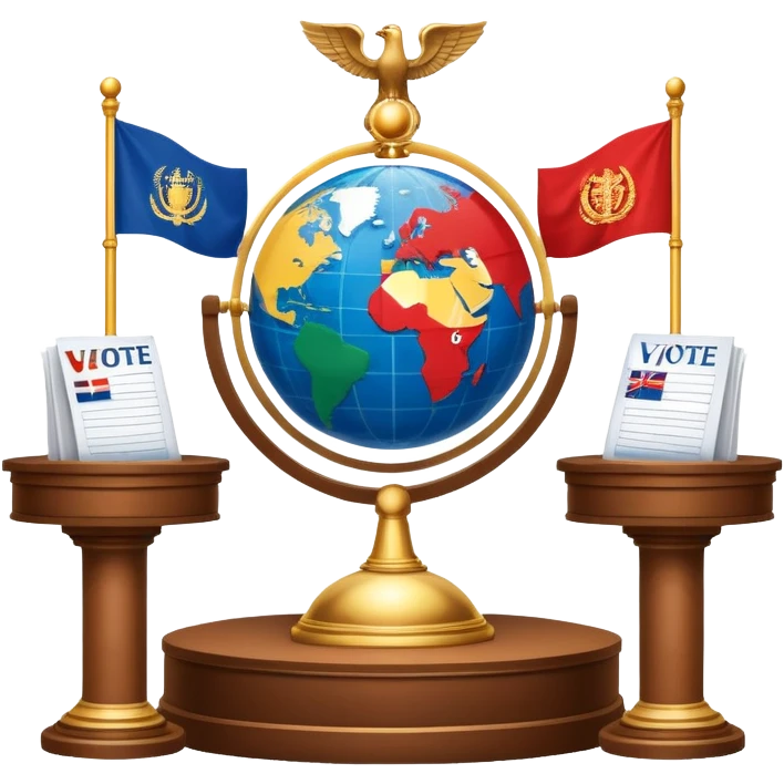 icon featuring podium with a speaker, national flags, and voting ballots, symbolizing political science. The design includes a globe and scales of justice in the background, representing governance, global affairs, and political theory. Transparent background emphasizes civic engagement and policy. emoji