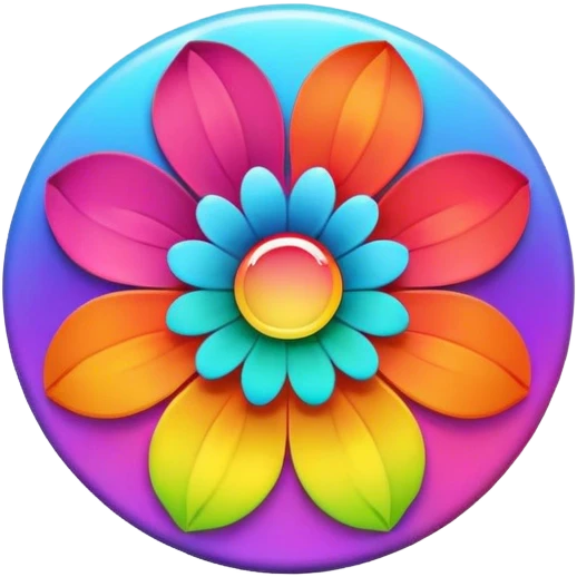 A round psychedelic colored button with a large rainbow colored flower in the center emoji