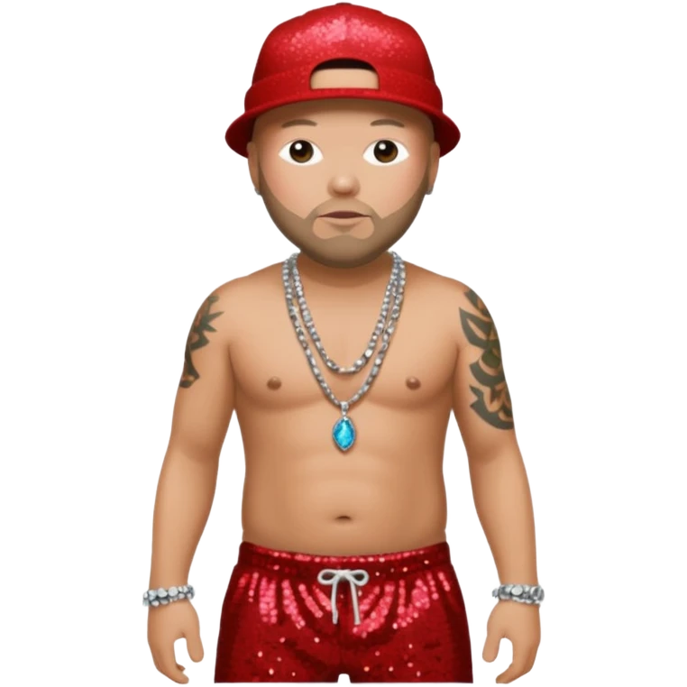Fred Durst with red sequin baggy pants, shirtless with necklace emoji