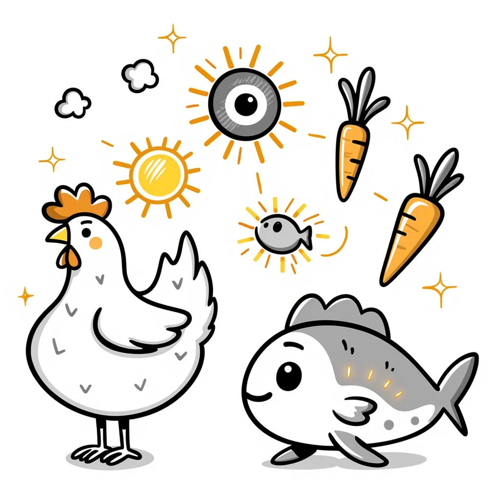 Ethereal magical image of glowing chicken, luminous fish, and radiant carrots with golden beams connecting them to a healthy eye, glowing skin and a shimmering immune shield emoji