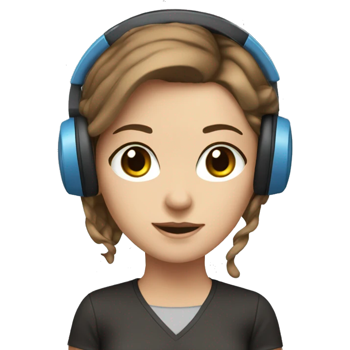 white girl at desk, brown hair, blue eyes, computer, headphones emoji