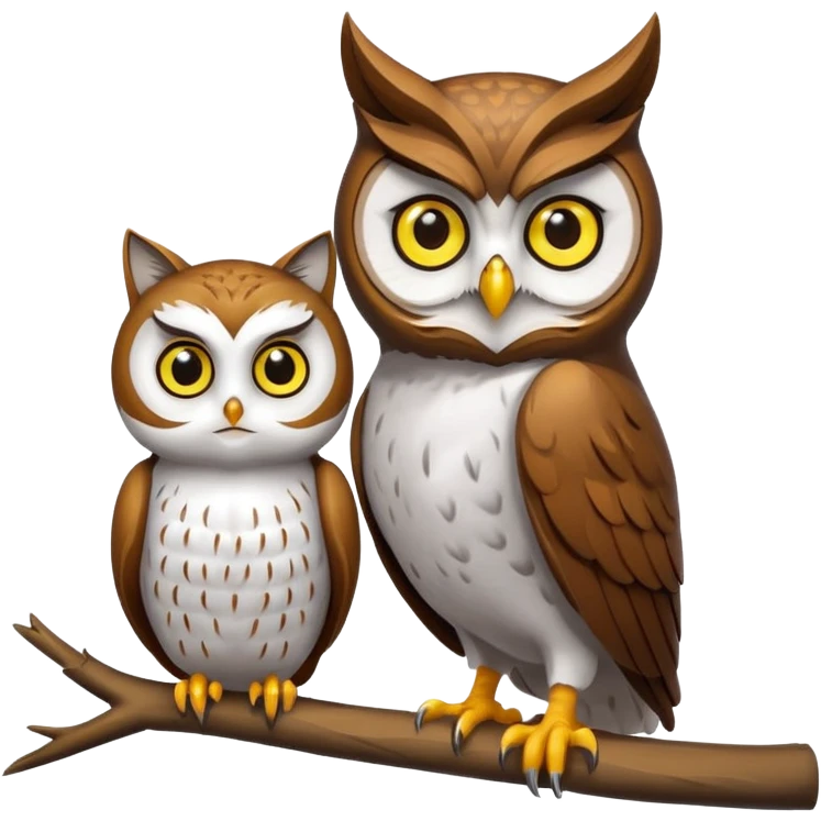 Owl on a branch with a cat's head with only one owl emoji