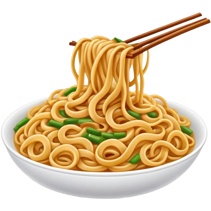 Shanghai Fried Noodles with thick chewy texture, simplified emoji style with bold outlines and bright colors, cartoon style stir-fried Shanghainese Cu Chao Mian emoji