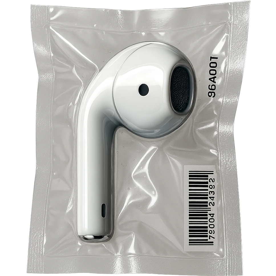 close-up on white EarPods earbud, shiny and inflated emoji