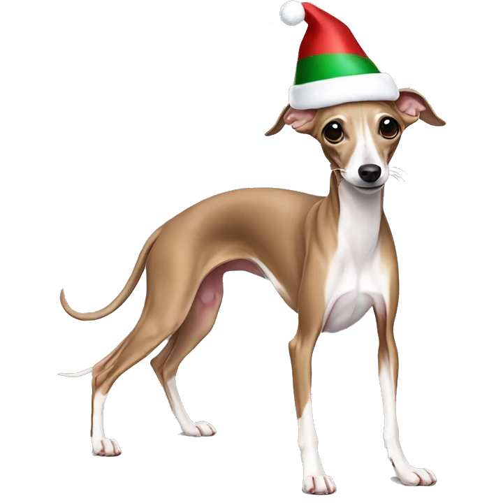 Italian greyhound stretching with a Christmas hat emoji
